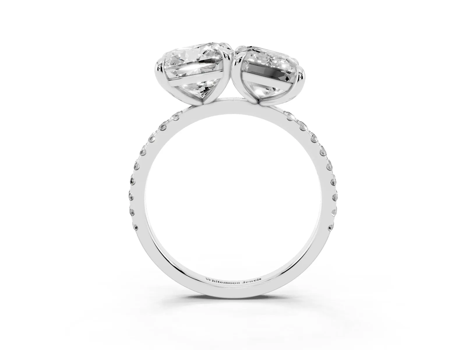 Cushion and Emerald Toi Moi Ring with Prong Setting and Pave Band Platinum