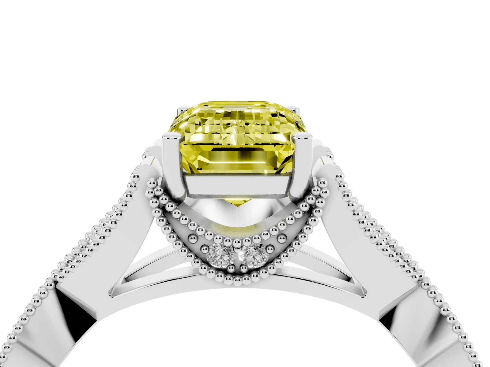 Fancy Yellow Emerald Cut Cut Diamond Twisted Band with Milgrain Pave Setting and Four-Prong Setting Platinum