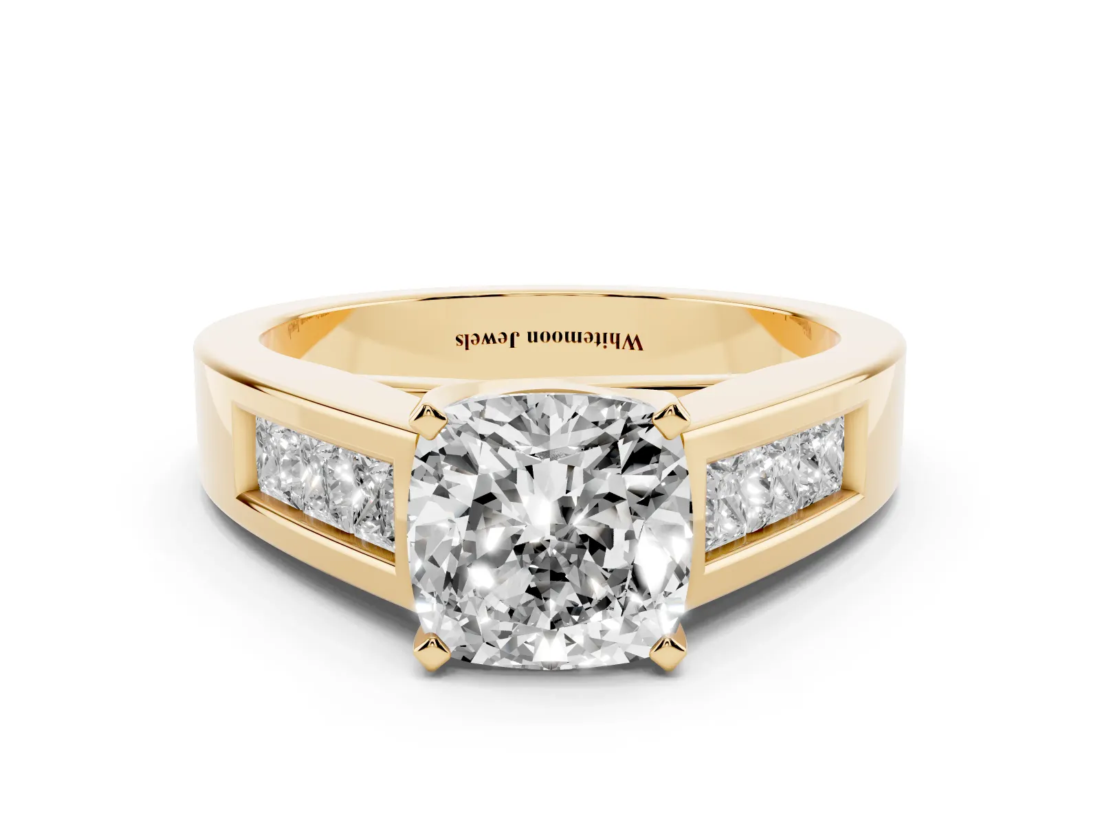 Cushion Cut Cut Channel Set Solitaire Ring with Four-Prong Setting Yellow gold
