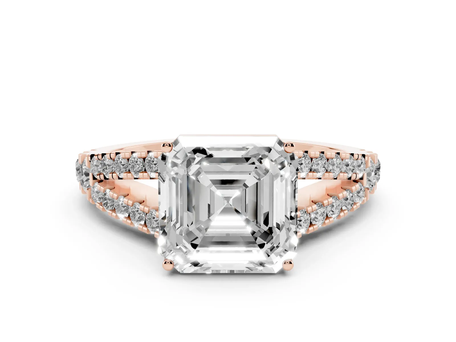 Asscher Cut Diamond Split Shank Engagement Ring with Round Pavé and Prong Setting Rose gold