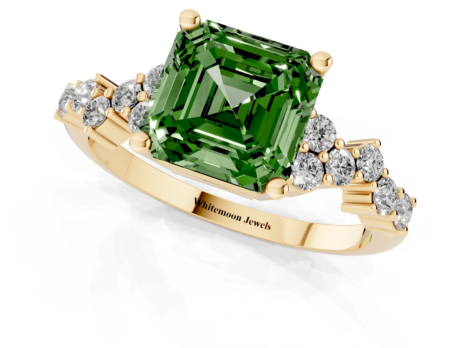 Fancy Green Asscher Cut Diamond Scattered Round Accent Ring with Prong Setting Yellow gold