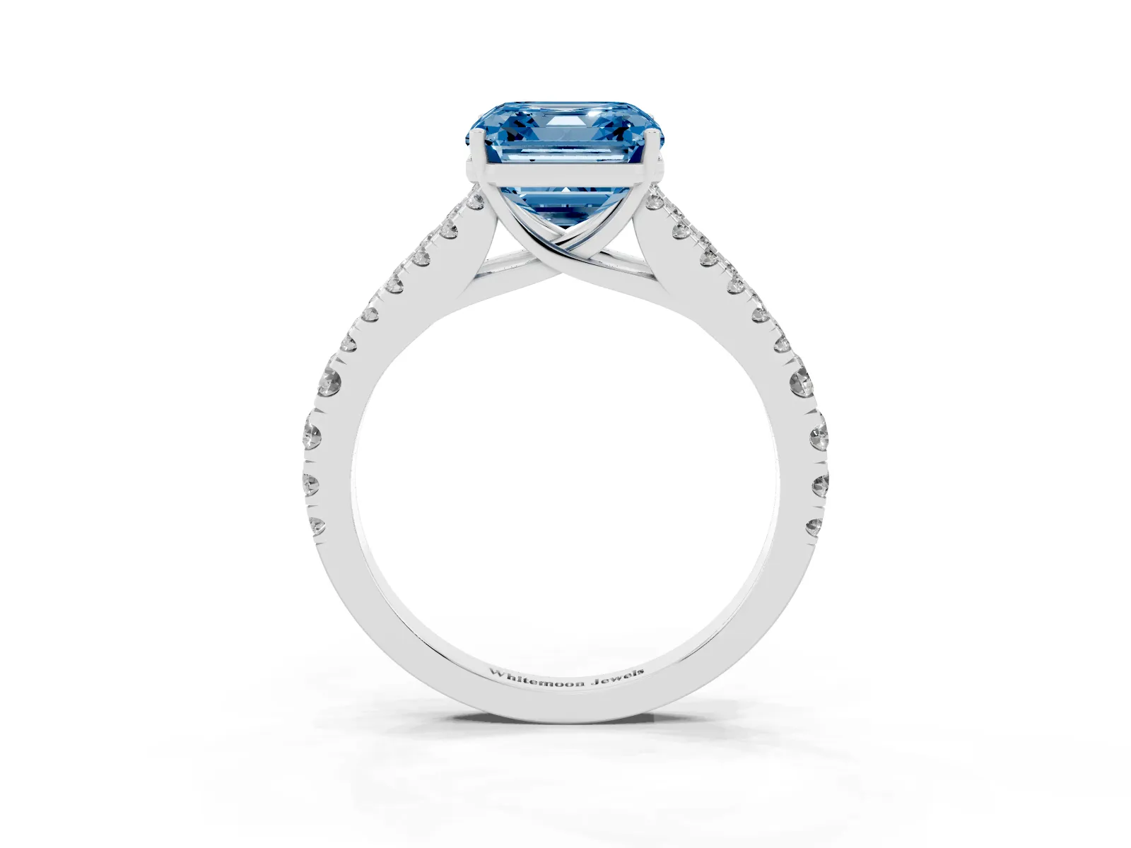 Fancy Blue Asscher Cut Diamond Split Shank Engagement Ring with Round Pavé and Prong Setting White gold