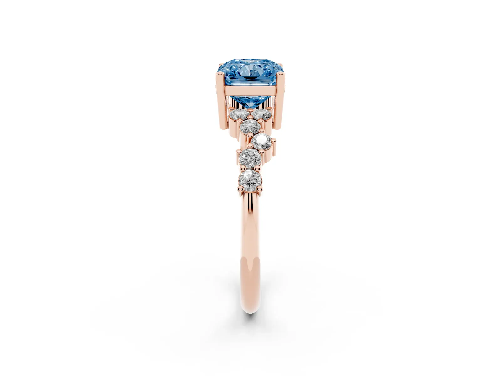 Fancy Blue Radiant Cut Diamond Scattered Round Accent Ring with Prong Setting Rose gold