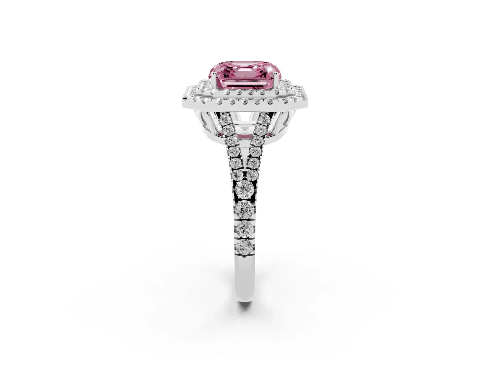 Fancy Pink Asscher Cut Diamond Double Halo Ring with Pavé Band and Prong Setting Platinum
