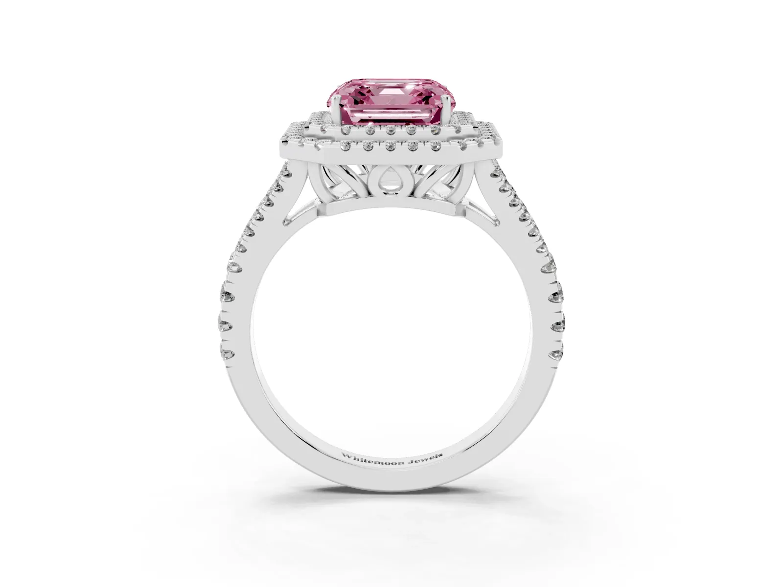 Fancy Pink Asscher Cut Diamond Double Halo Ring with Pavé Band and Prong Setting Platinum