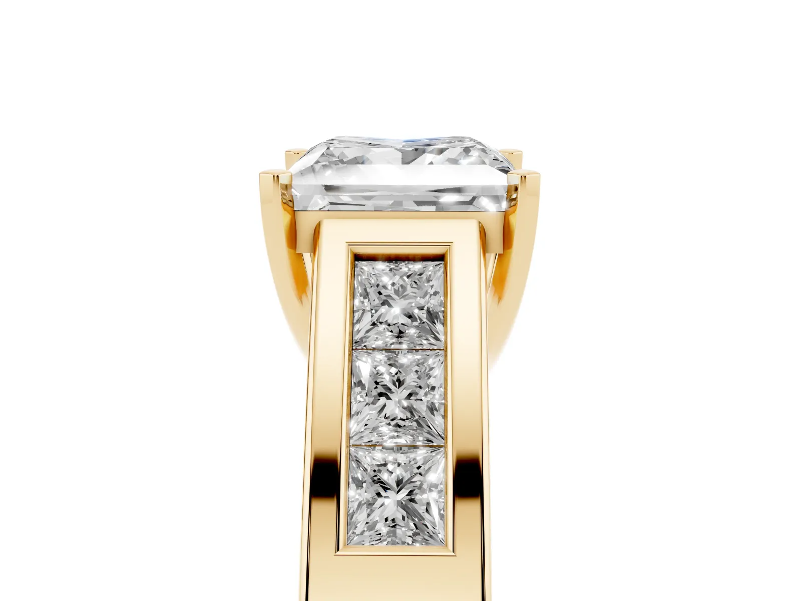 Princess Cut Cut Channel Set Solitaire Ring with Four-Prong Setting Yellow gold