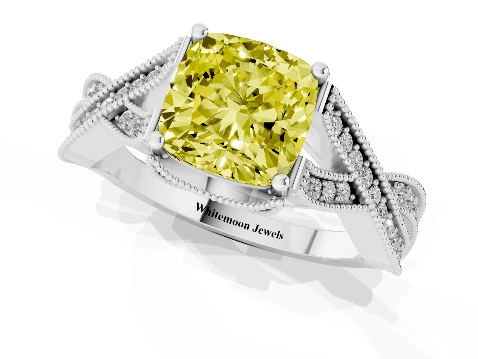 Fancy Yellow Cushion Cut Cut Diamond Twisted Band with Milgrain Pave Setting and Four-Prong Setting Platinum