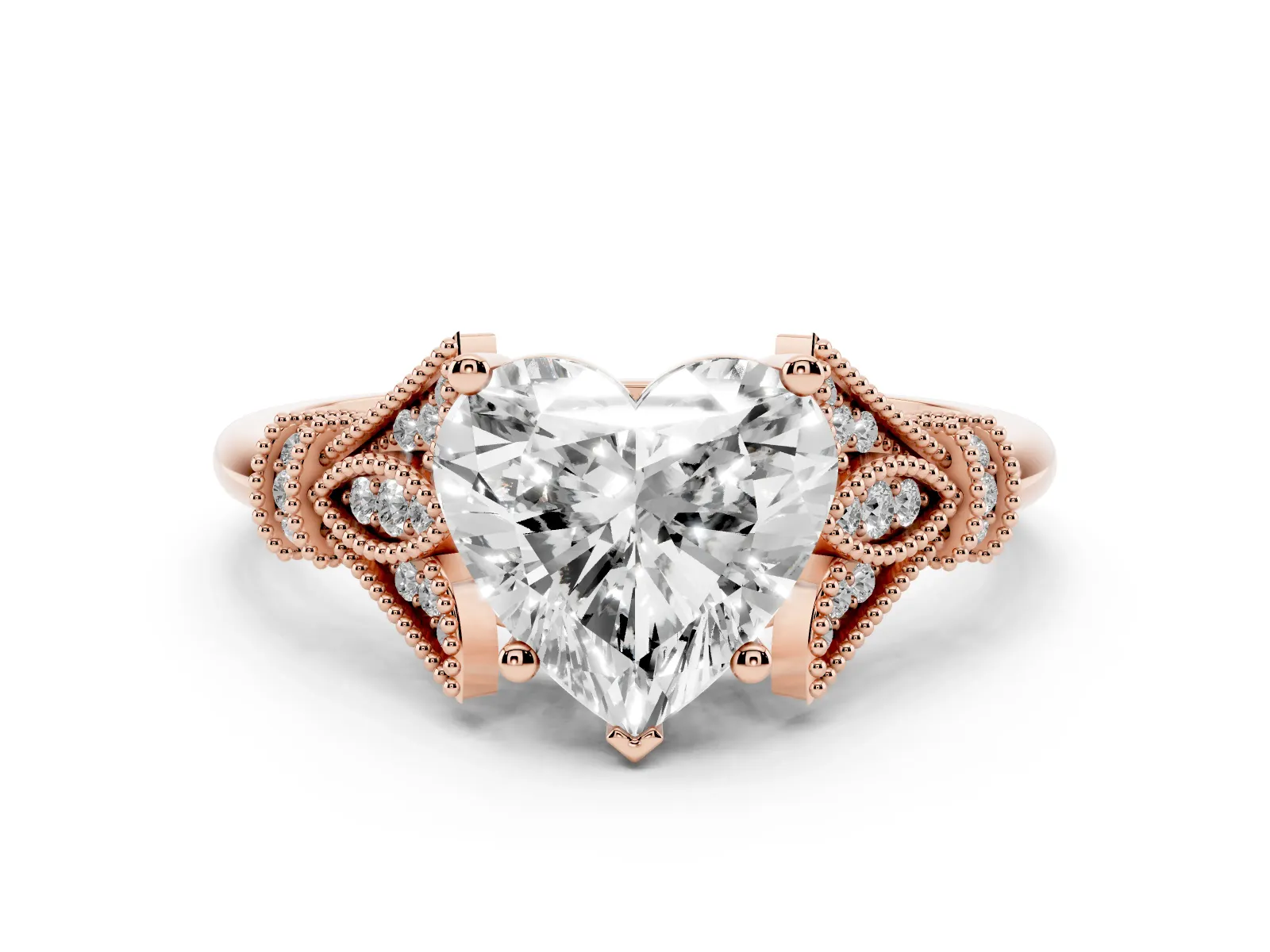 Heart Cut Diamond Solitaire Ring with Floral Filigree and Pave Accents Rose gold