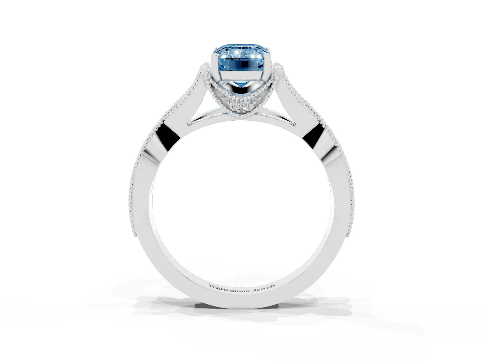 Fancy Blue Emerald Cut Cut Diamond Twisted Band with Milgrain Pave Setting and Four-Prong Setting Platinum