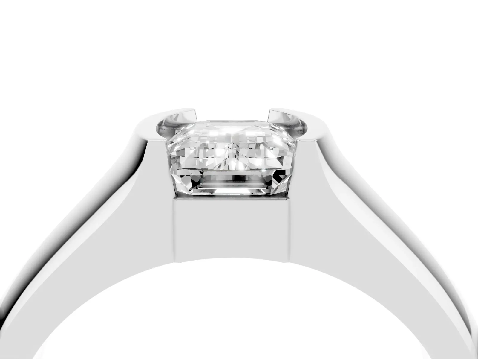 Emerald Cut Solitaire Bezel Set Diamond Ring with Wide Band Platinum