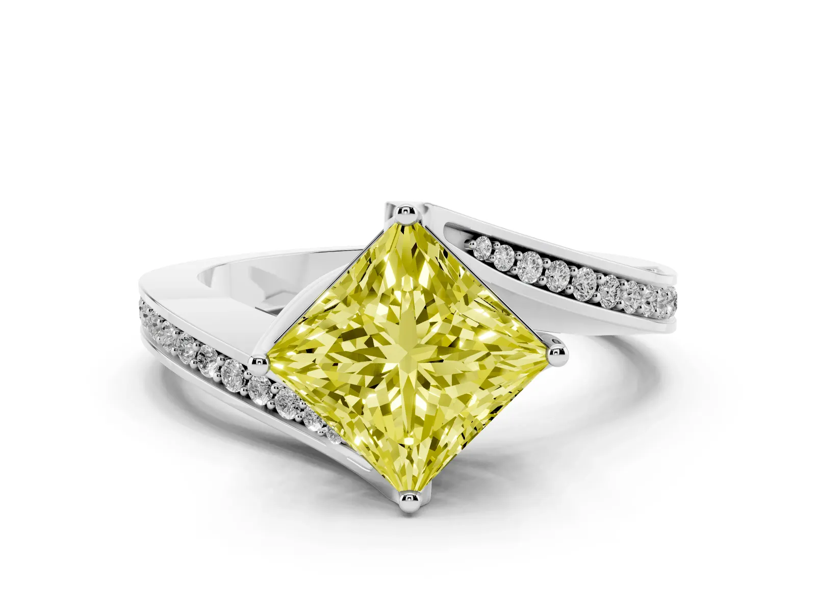 Fancy Yellow Princess Cut Solitaire Diamond Twist Band with Pavé Setting and Four-Prong Setting Platinum