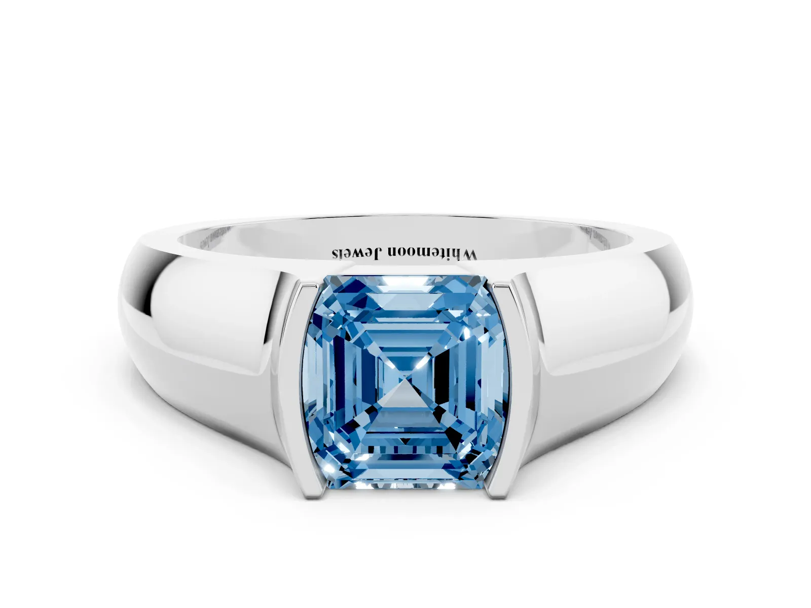Fancy Blue Asscher Cut Solitaire Bezel Set Diamond Ring with Wide Band Platinum
