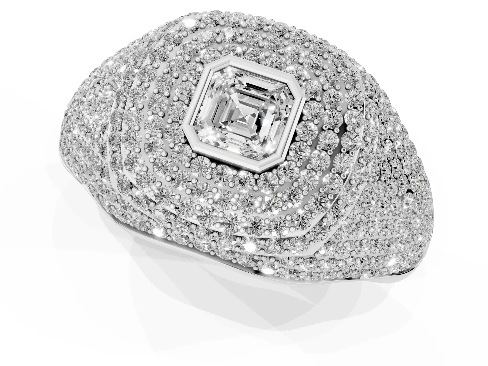 Asscher Cut Diamond Bezel Set Pavé Dome Mens Ring Silver