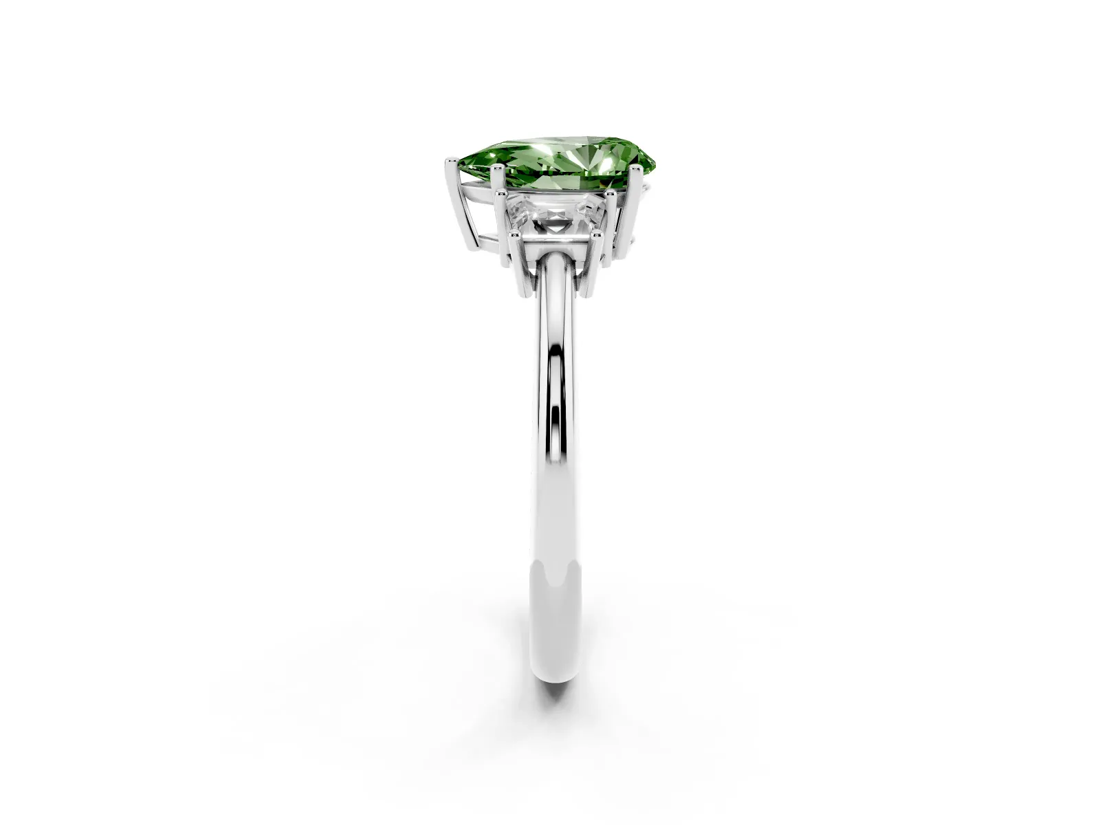 Fancy Green Pear Cut Diamond Three-Stone Ring with Trapezoid Side Stones and Prong Setting Platinum