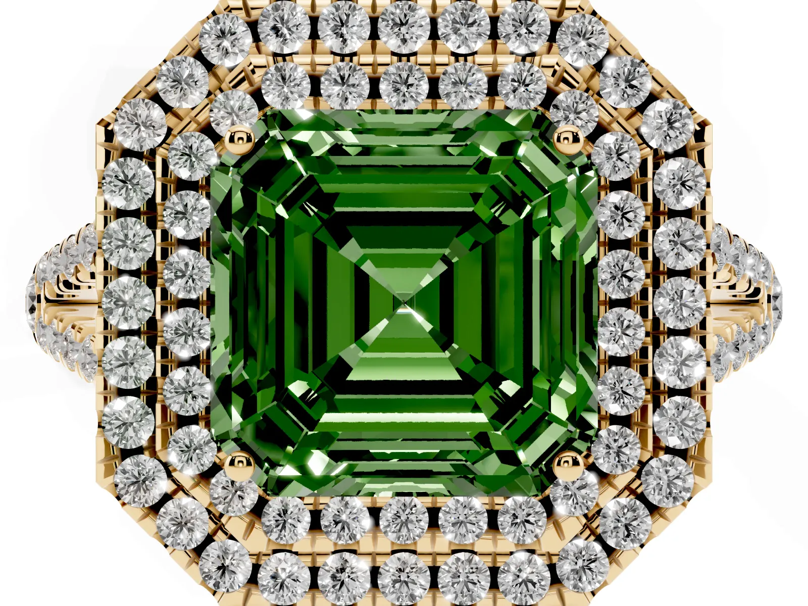 Fancy Green Asscher Cut Diamond Double Halo Ring with Pavé Band and Prong Setting Yellow gold