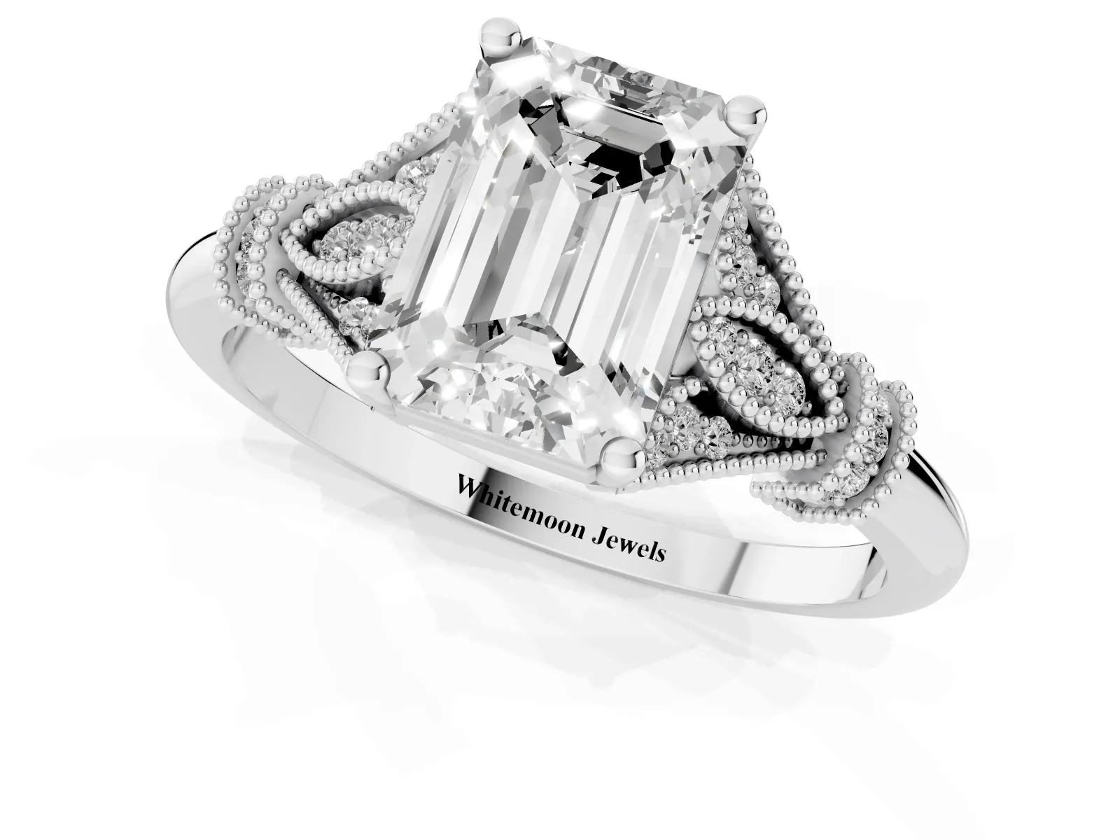 Emerald Cut Diamond Solitaire Ring with Floral Filigree and Pave Accents Platinum