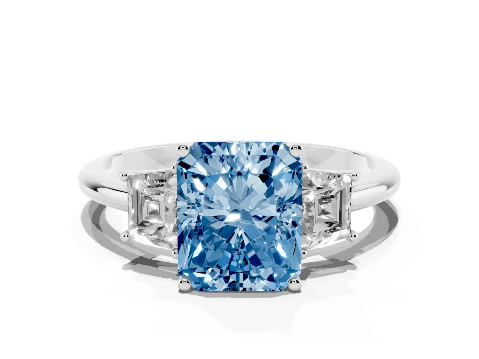 Fancy Blue Radiant Cut Diamond Three-Stone Ring with Trapezoid Side Stones and Prong Setting Platinum