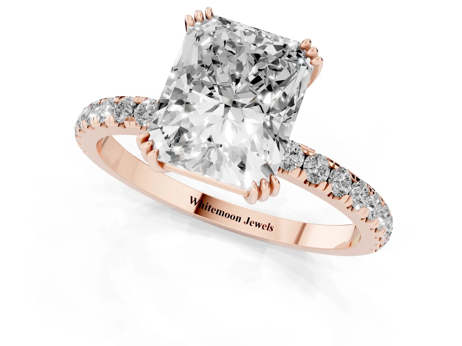 Radiant Cut Brilliant Solitaire with Pavé Band and Claw Prong Setting Rose gold