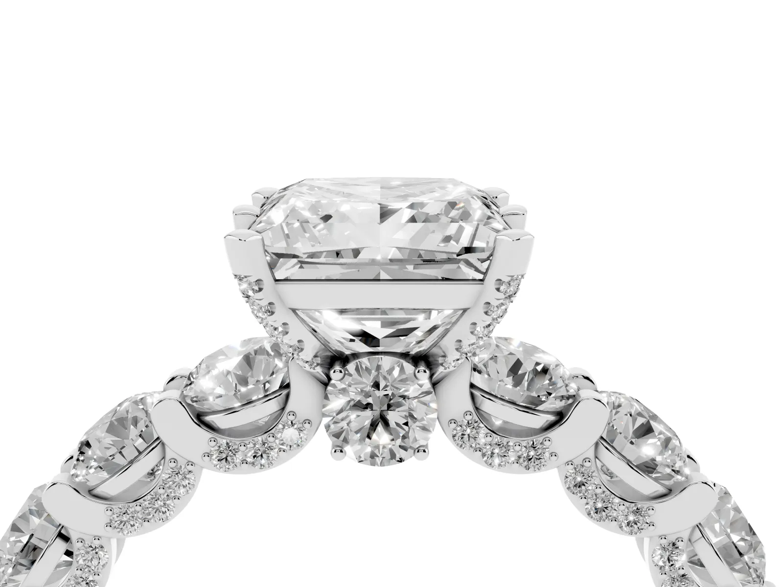Princess Cut Diamond Side Stone Engagement Ring with Four-Prong Setting Platinum