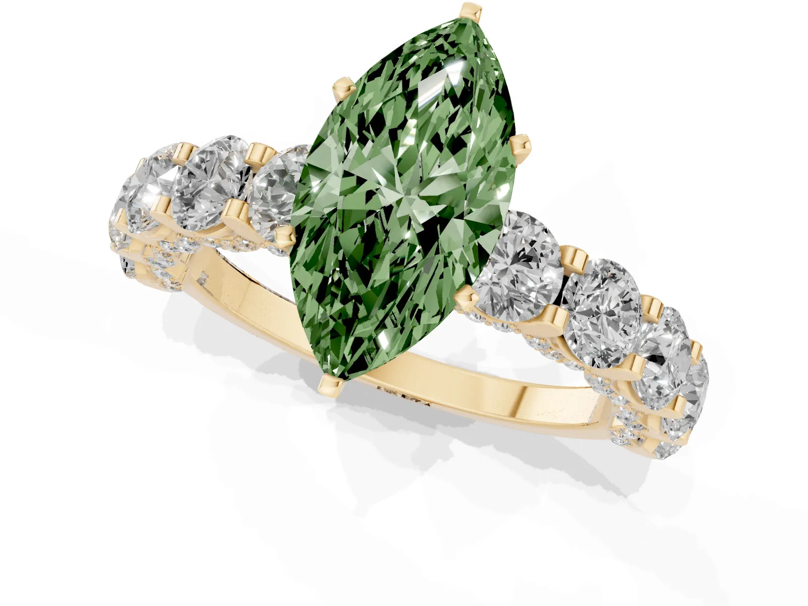 Fancy Green Marquise Cut Diamond Side Stone Engagement Ring with Four-Prong Setting Yellow gold