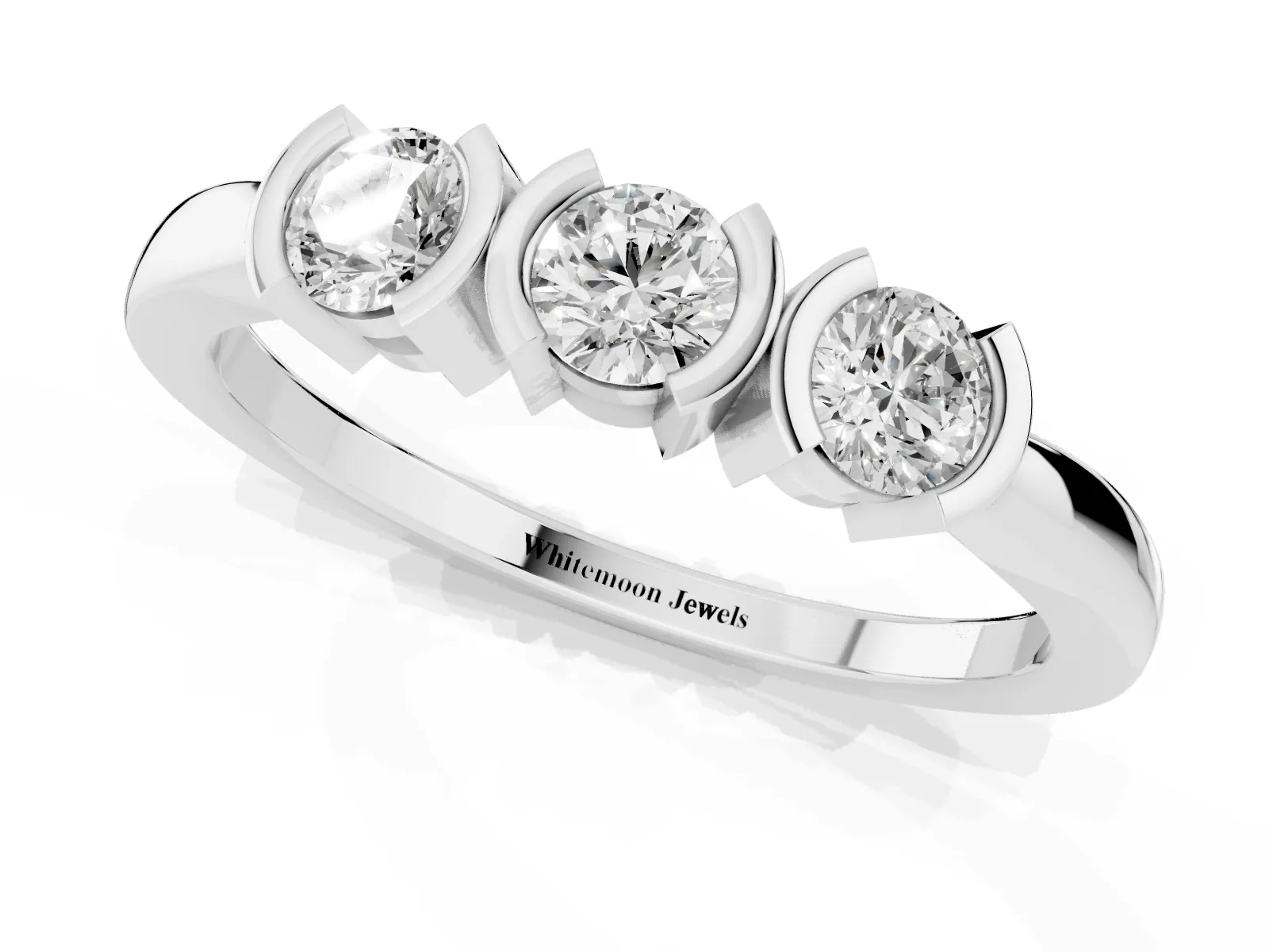 Three-Stone Round Diamond Half Bezel Prong Band Platinum