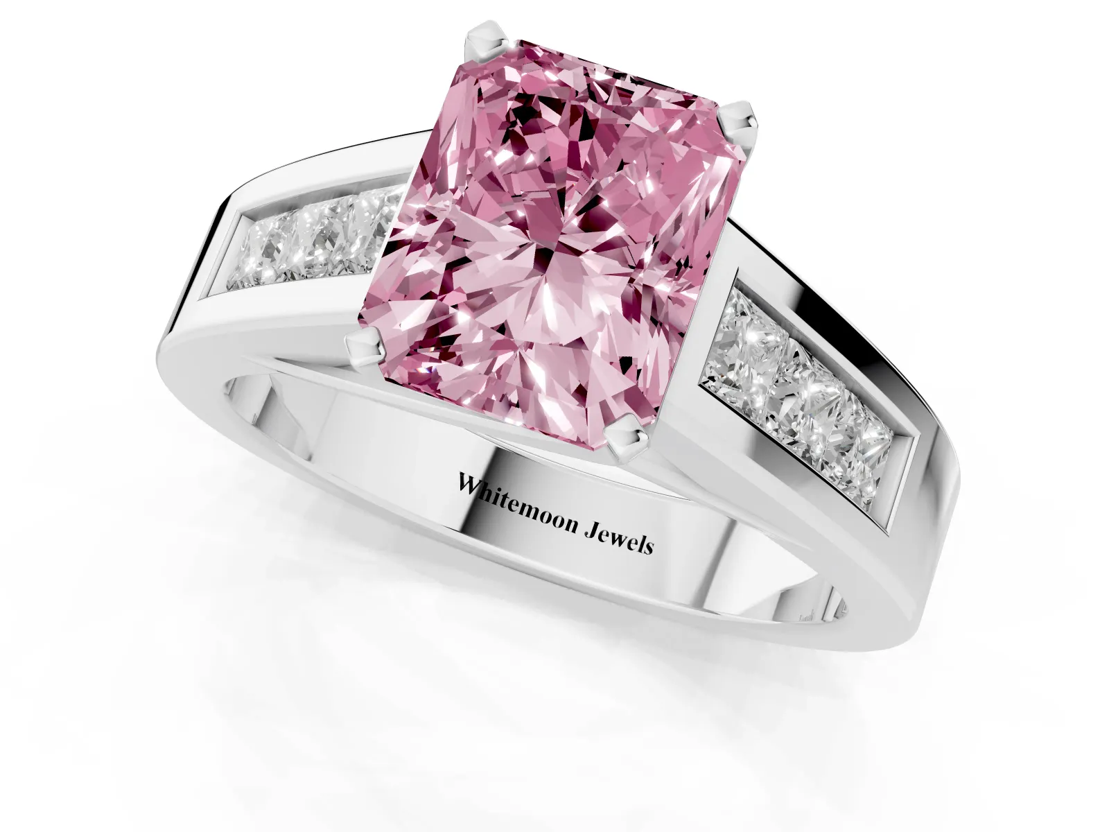 Fancy Pink Radiant Cut Cut Channel Set Solitaire Ring with Four-Prong Setting Platinum