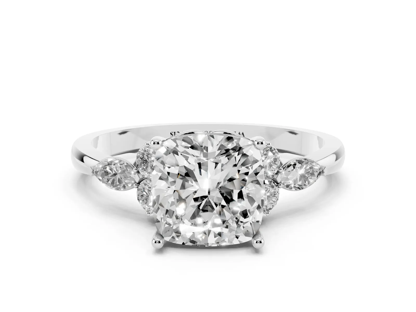 Cushion Cut Brilliant Diamond Solitaire Ring with Pear Side Stones and Four-Prong Setting Platinum