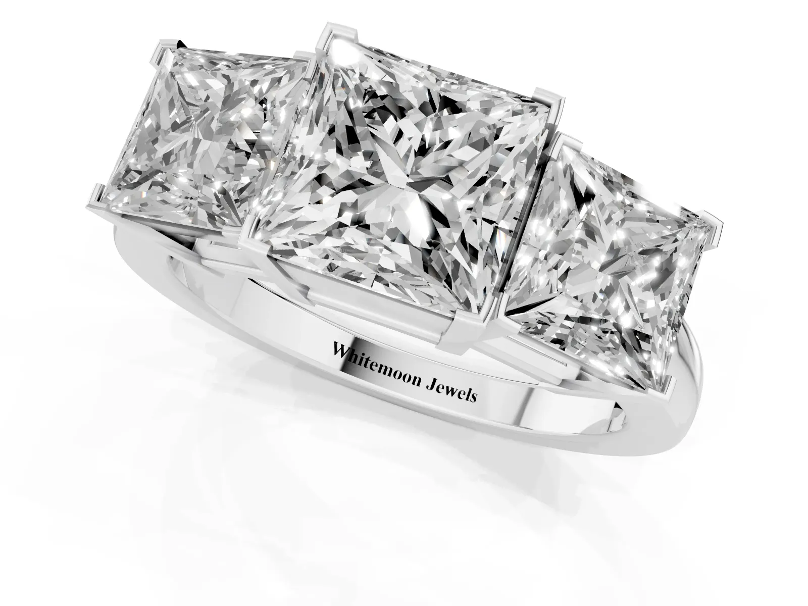Three-Stone Princess Cut Cut Diamond Ring with Channel Set Band and Four-Prong Setting White gold