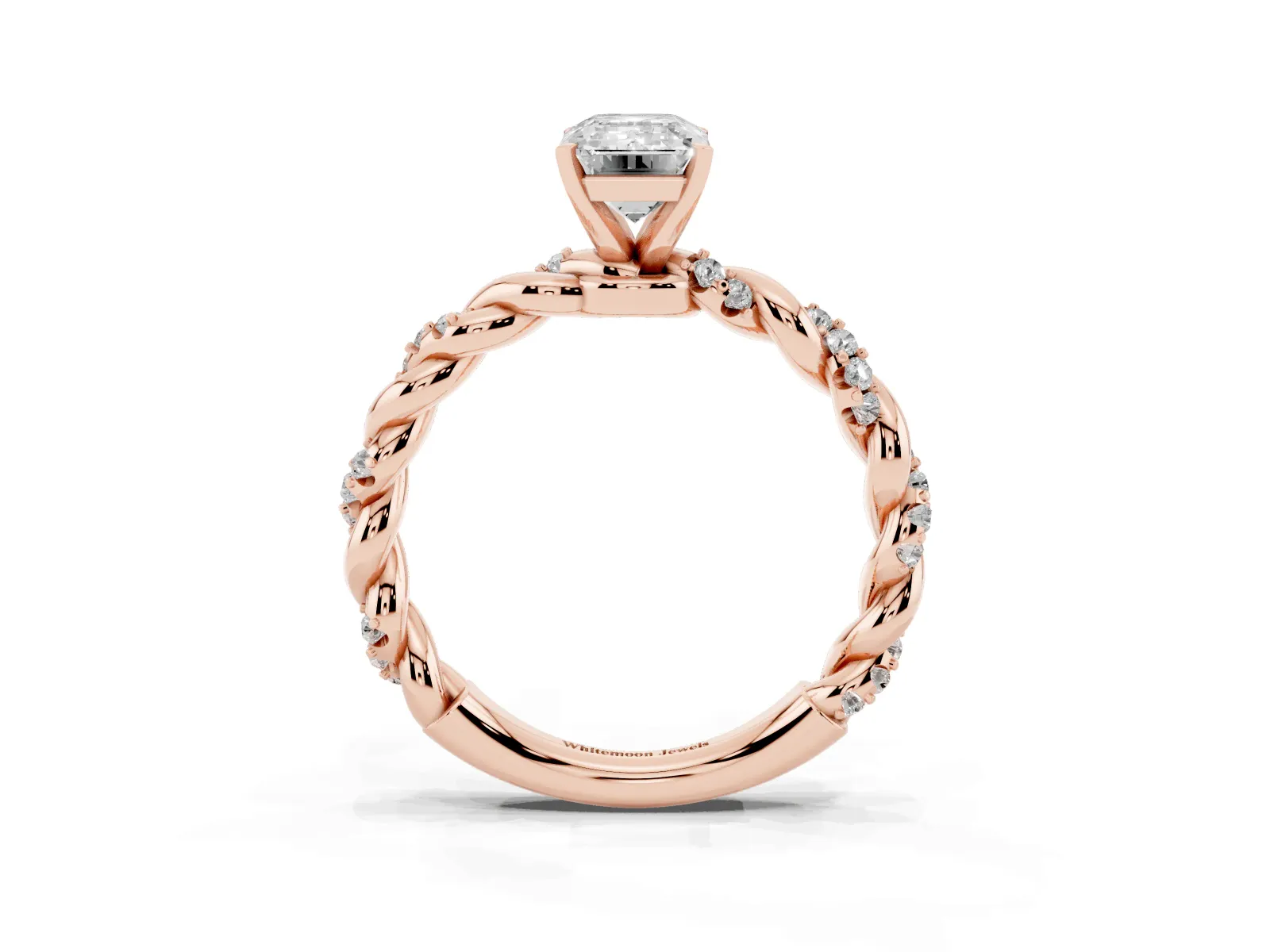 Emerald Cut Diamond Solitaire Ring with Twisted Band and Pavé Accents Rose gold