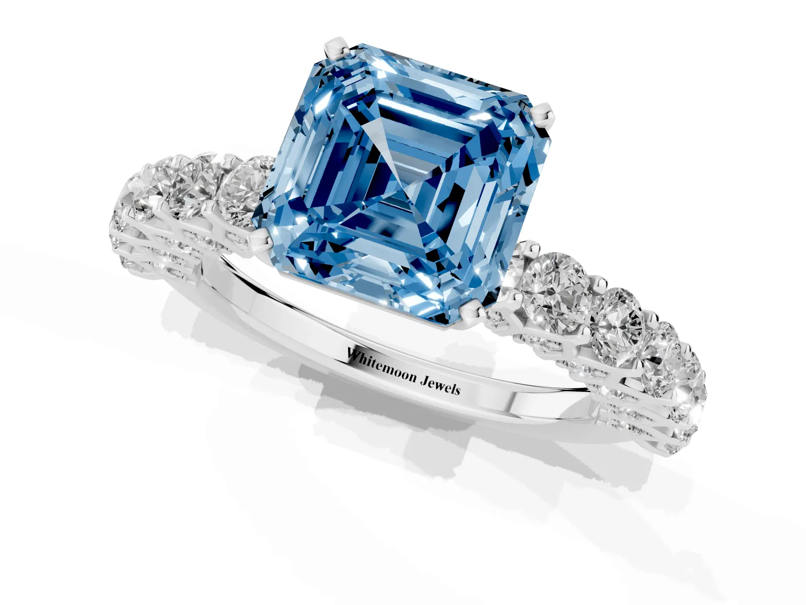 Fancy Blue Asscher Cut Diamond Solitaire Ring with Shared Prong Pavé Band and Four-Prong Setting White gold