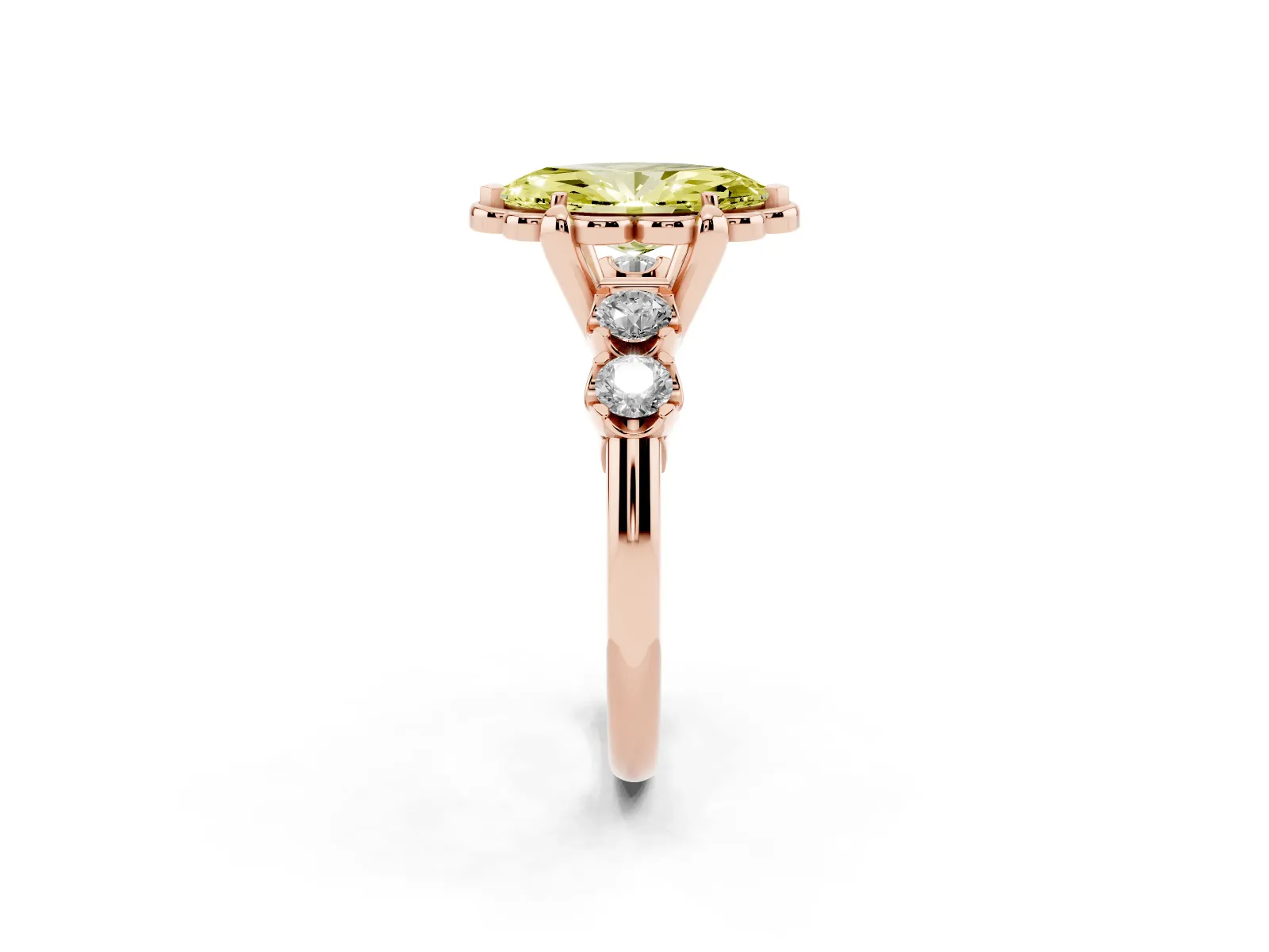 Fancy Yellow Marquise Cut Cut Diamond Floral Halo Engagement Ring with Shared Prong Setting Rose gold
