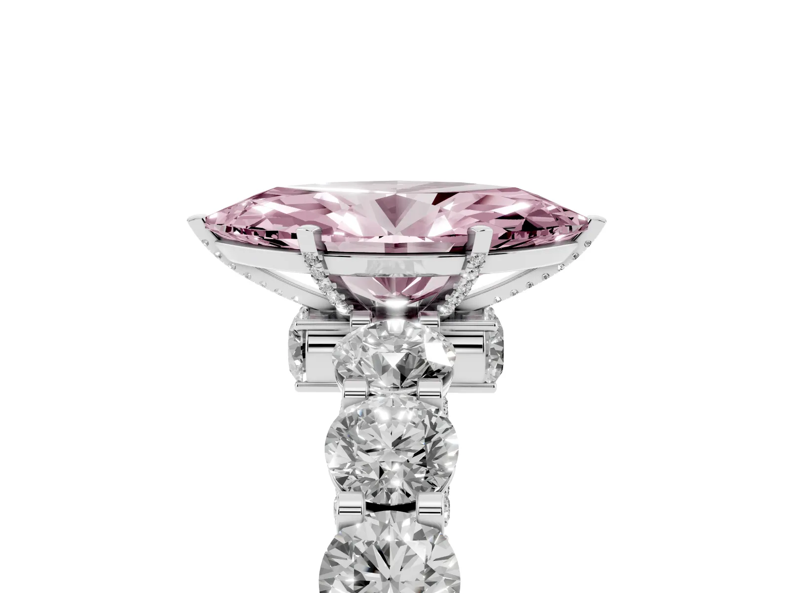 Fancy Pink Marquise Cut Diamond Side Stone Engagement Ring with Four-Prong Setting Platinum