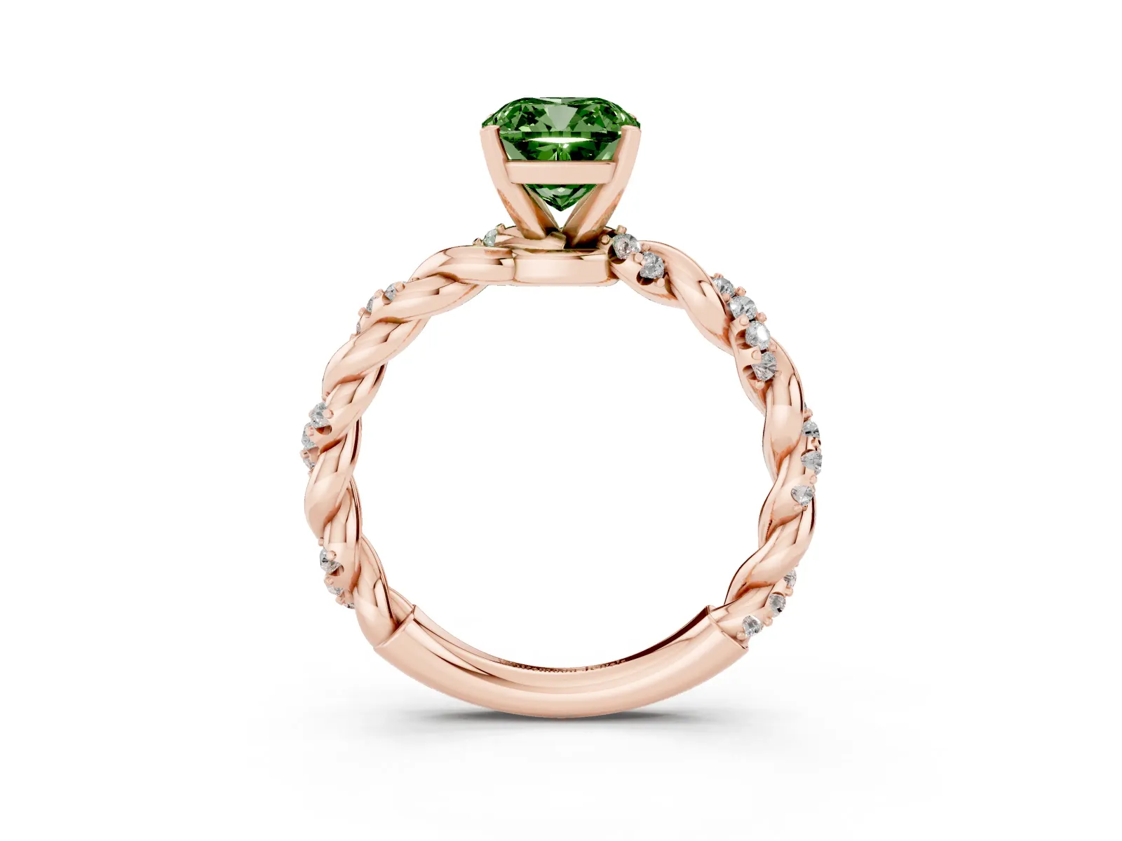 Fancy Green Cushion Cut Diamond Solitaire Ring with Twisted Band and Pavé Accents Rose gold