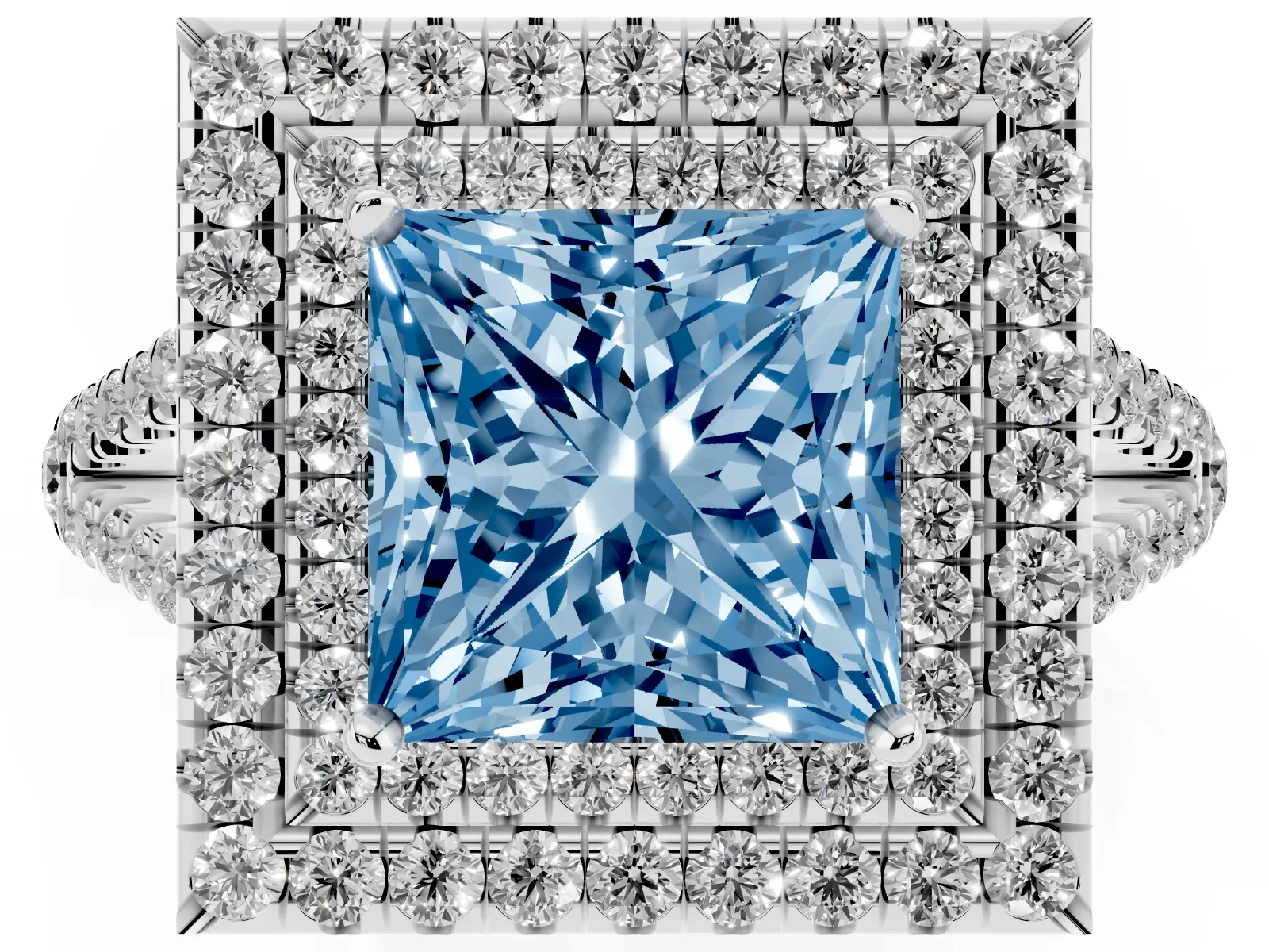 Fancy Blue Princess Cut Diamond Double Halo Ring with Pavé Band and Prong Setting Platinum