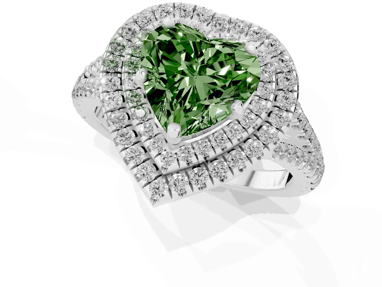 Fancy Green Heart Cut Diamond Double Halo Ring with Pavé Band and Prong Setting Platinum