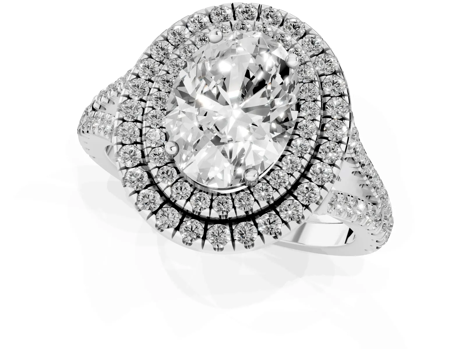 Oval Cut Diamond Double Halo Ring with Pavé Band and Prong Setting Platinum