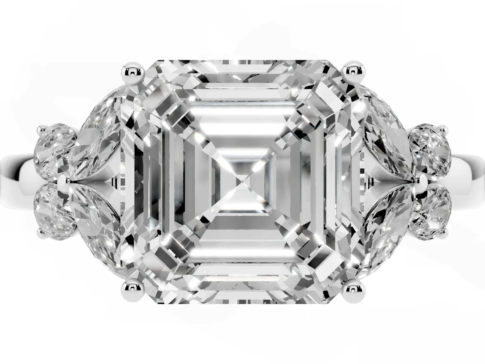 Asscher Cut Cut Solitaire Floral Diamond Ring with Four-Prong Setting Platinum