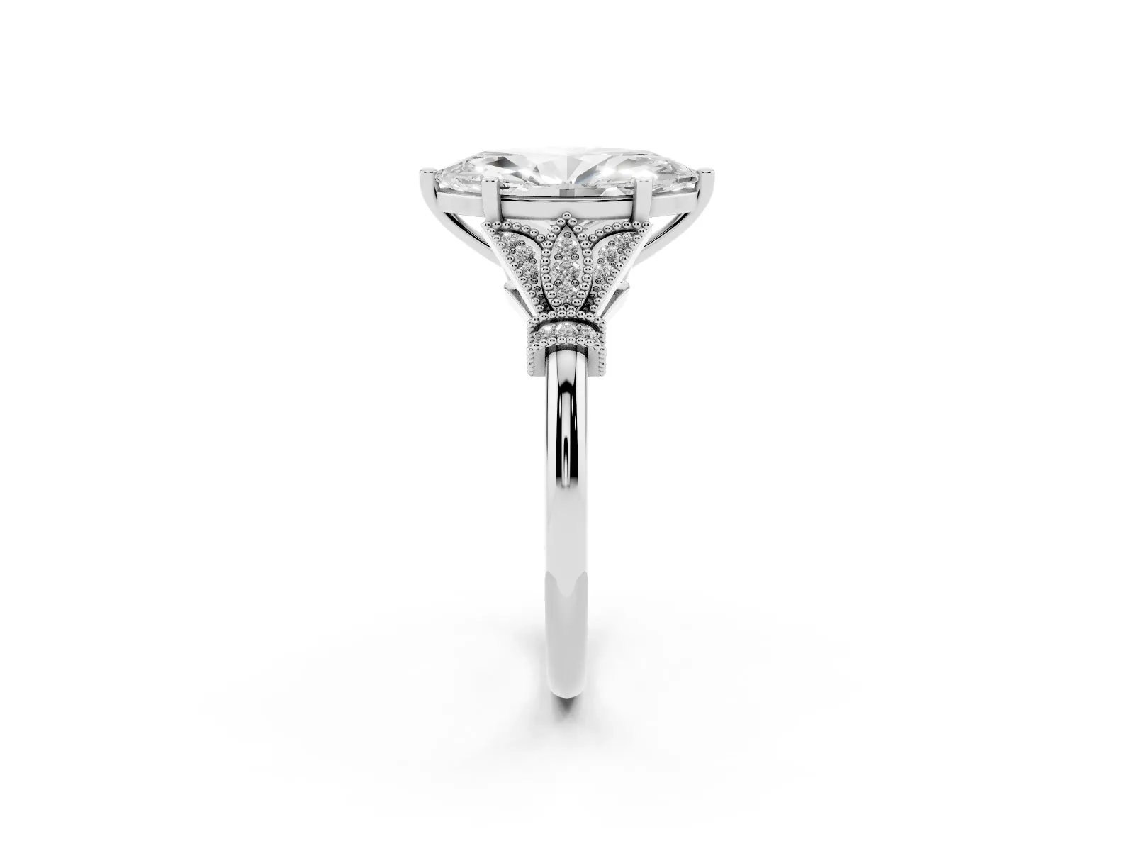 Marquise Cut Diamond Solitaire Ring with Floral Filigree and Pave Accents Platinum