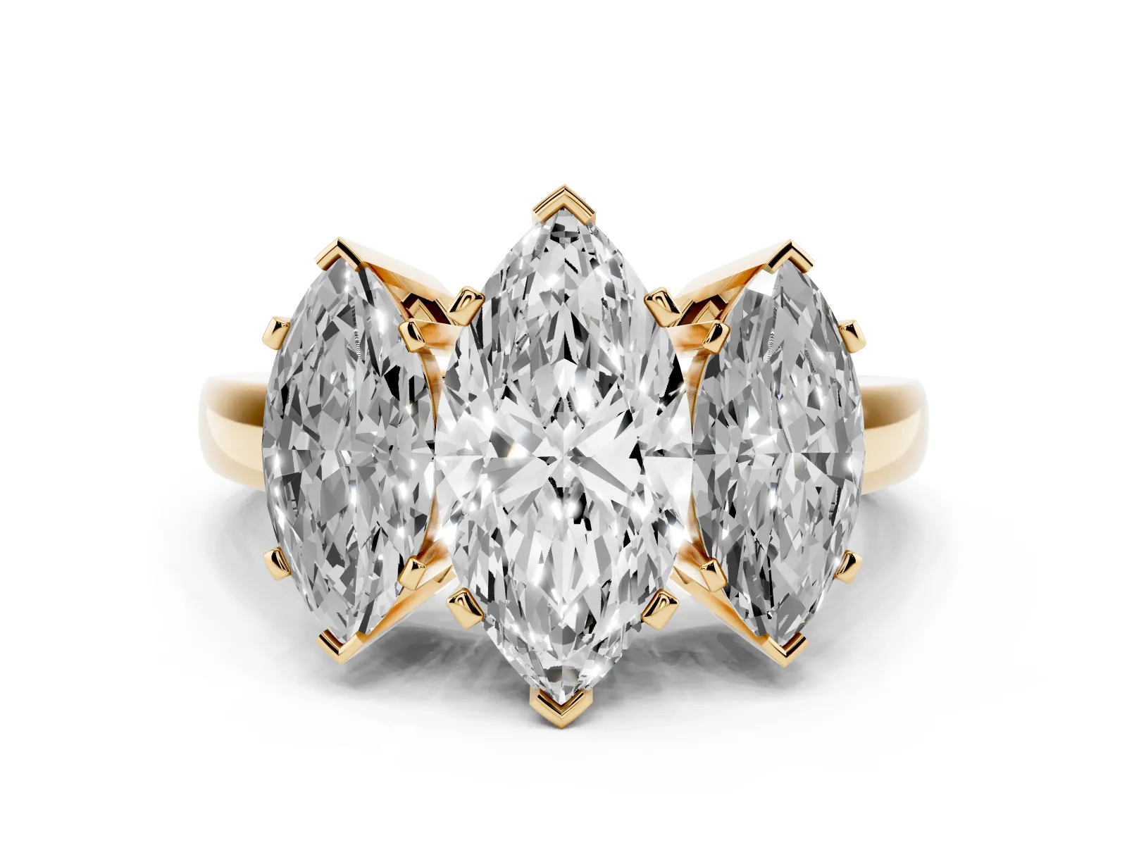 Three-Stone Marquise Cut Cut Diamond Ring with Channel Set Band and Four-Prong Setting Yellow gold