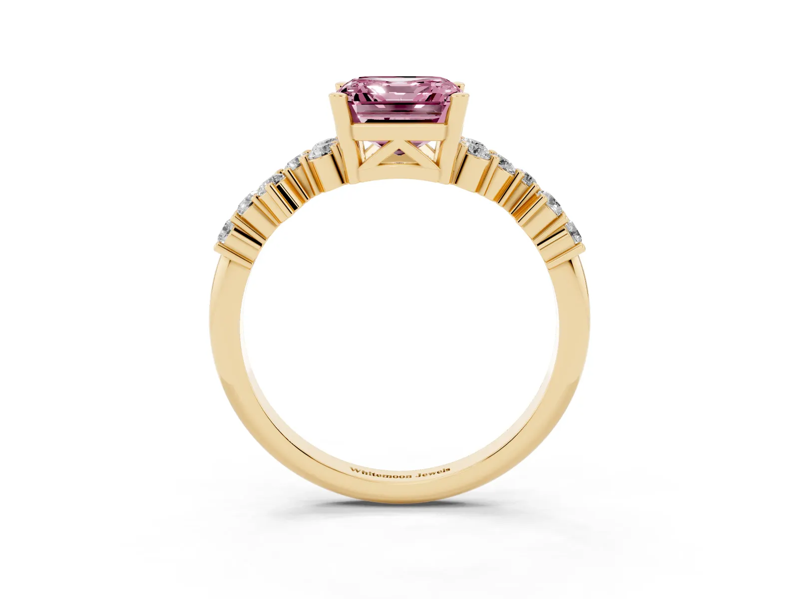Fancy Pink Asscher Cut Diamond Scattered Round Accent Ring with Prong Setting Yellow gold