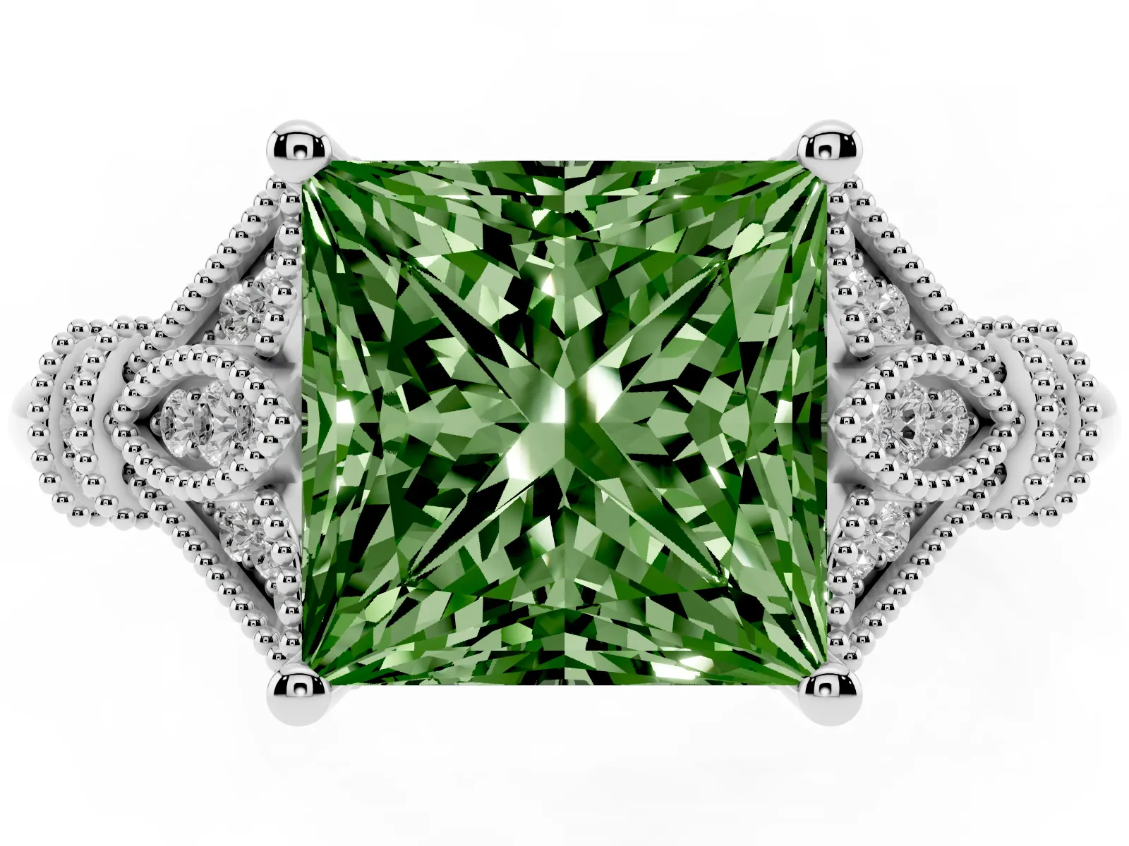 Fancy Green Princess Cut Diamond Solitaire Ring with Floral Filigree and Pave Accents Platinum