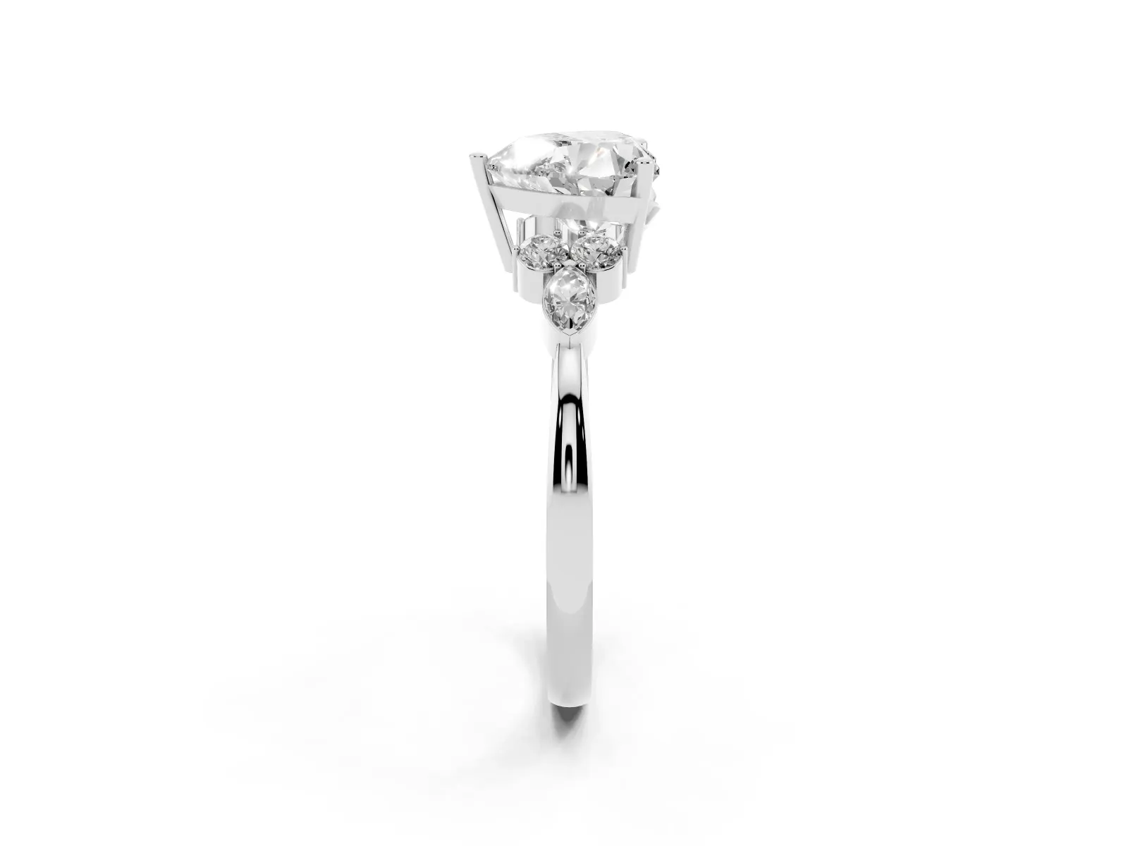 Heart Cut Brilliant Diamond Solitaire Ring with Pear Side Stones and Four-Prong Setting Platinum