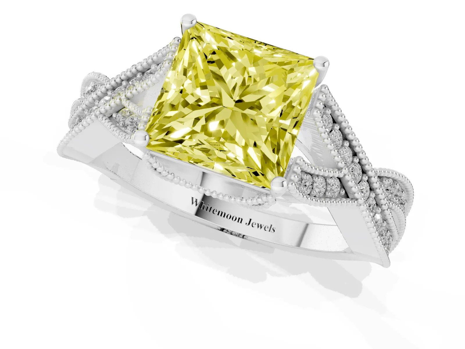 Fancy Yellow Princess Cut Cut Diamond Twisted Band with Milgrain Pave Setting and Four-Prong Setting Platinum