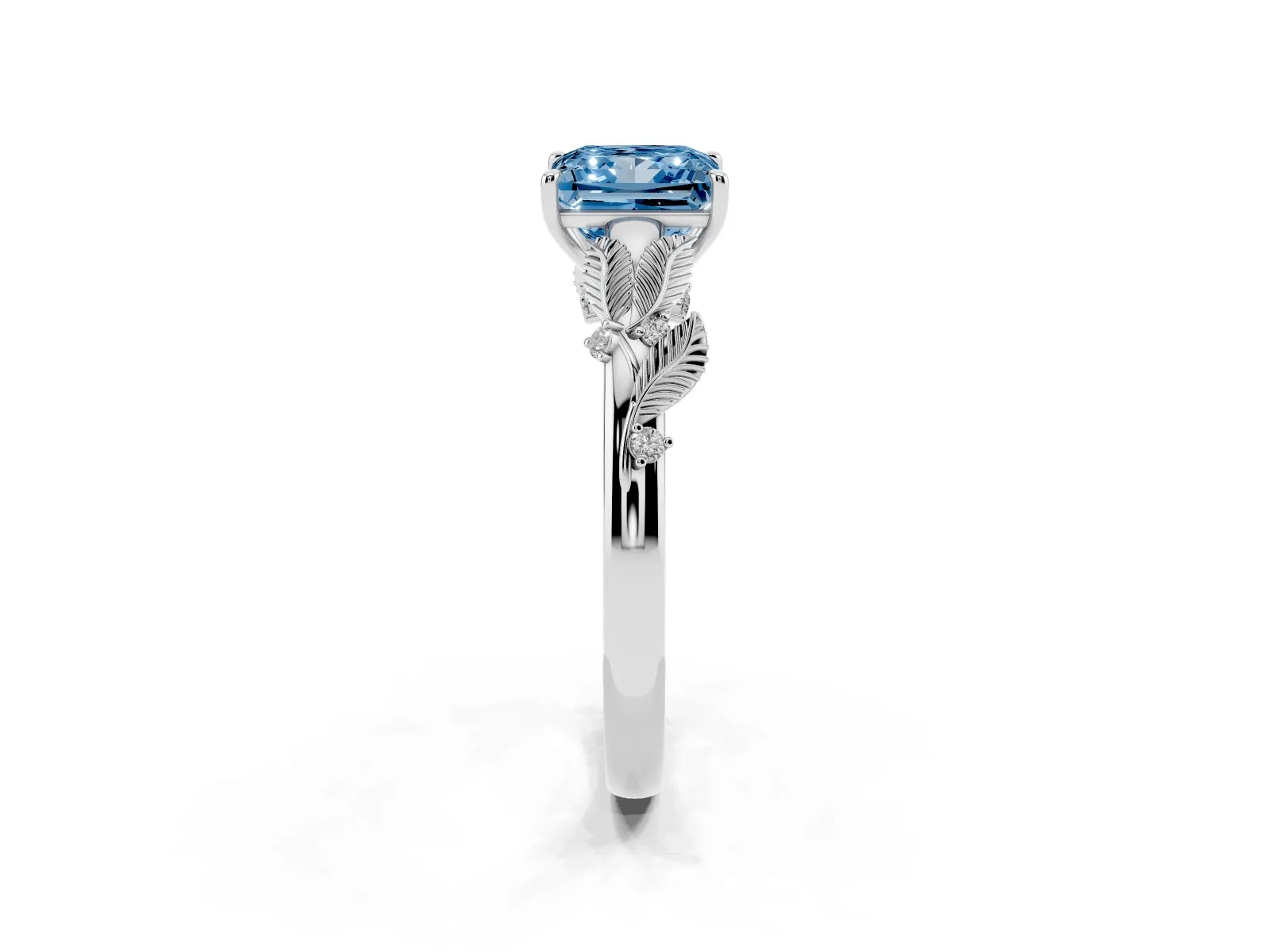 Fancy Blue Princess Cut Diamond Solitaire Ring with Leaf Motif Band and Four-Prong Setting Platinum