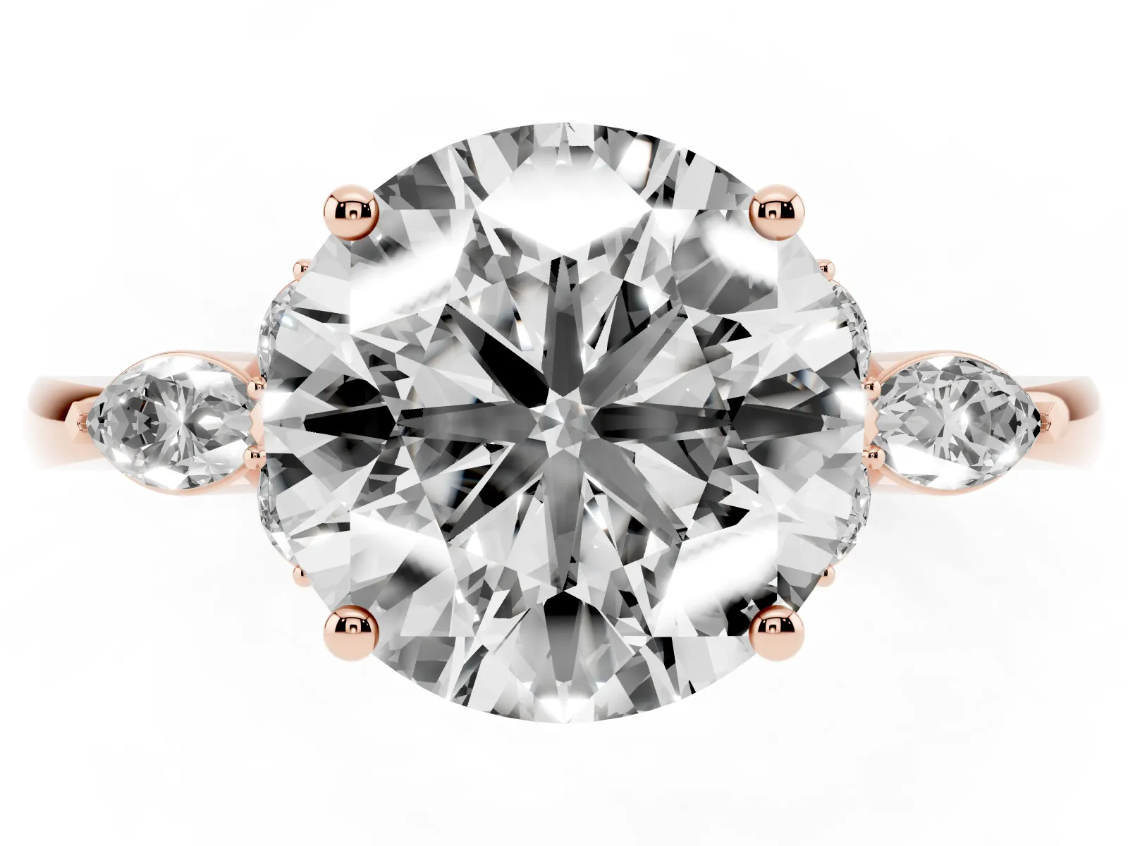 Round Cut Brilliant Diamond Solitaire Ring with Pear Side Stones and Four-Prong Setting Rose gold