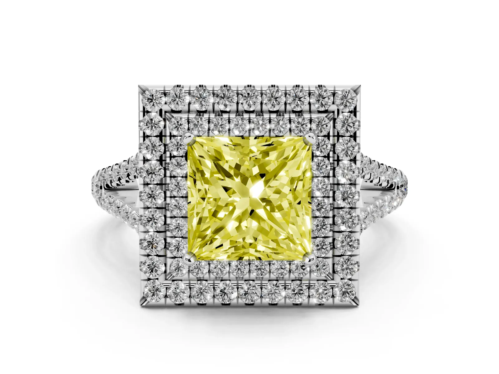 Fancy Yellow Princess Cut Diamond Double Halo Ring with Pavé Band and Prong Setting Platinum