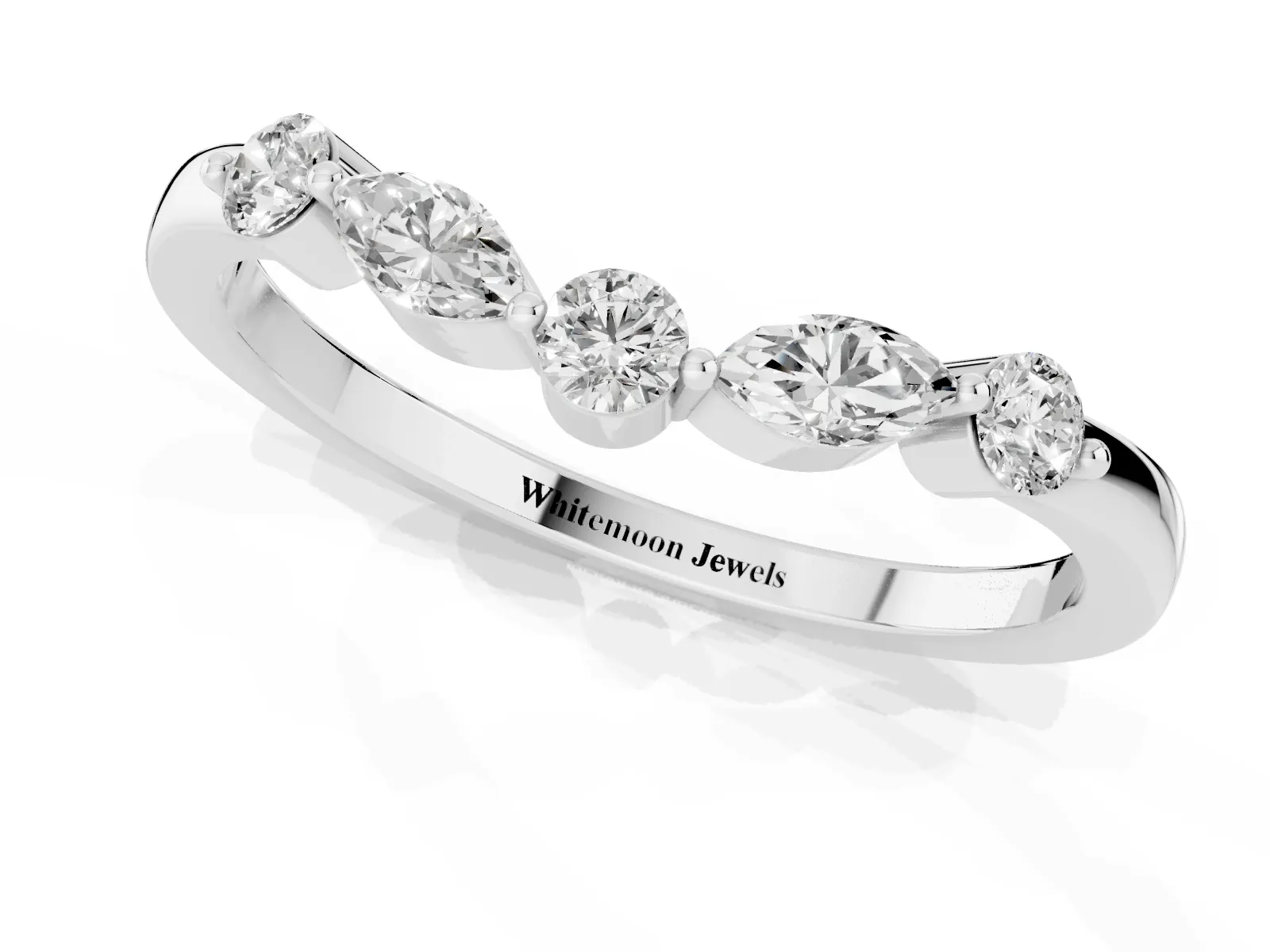 Round and Marquise Diamond Half Eternity Band with Prong Setting Silver