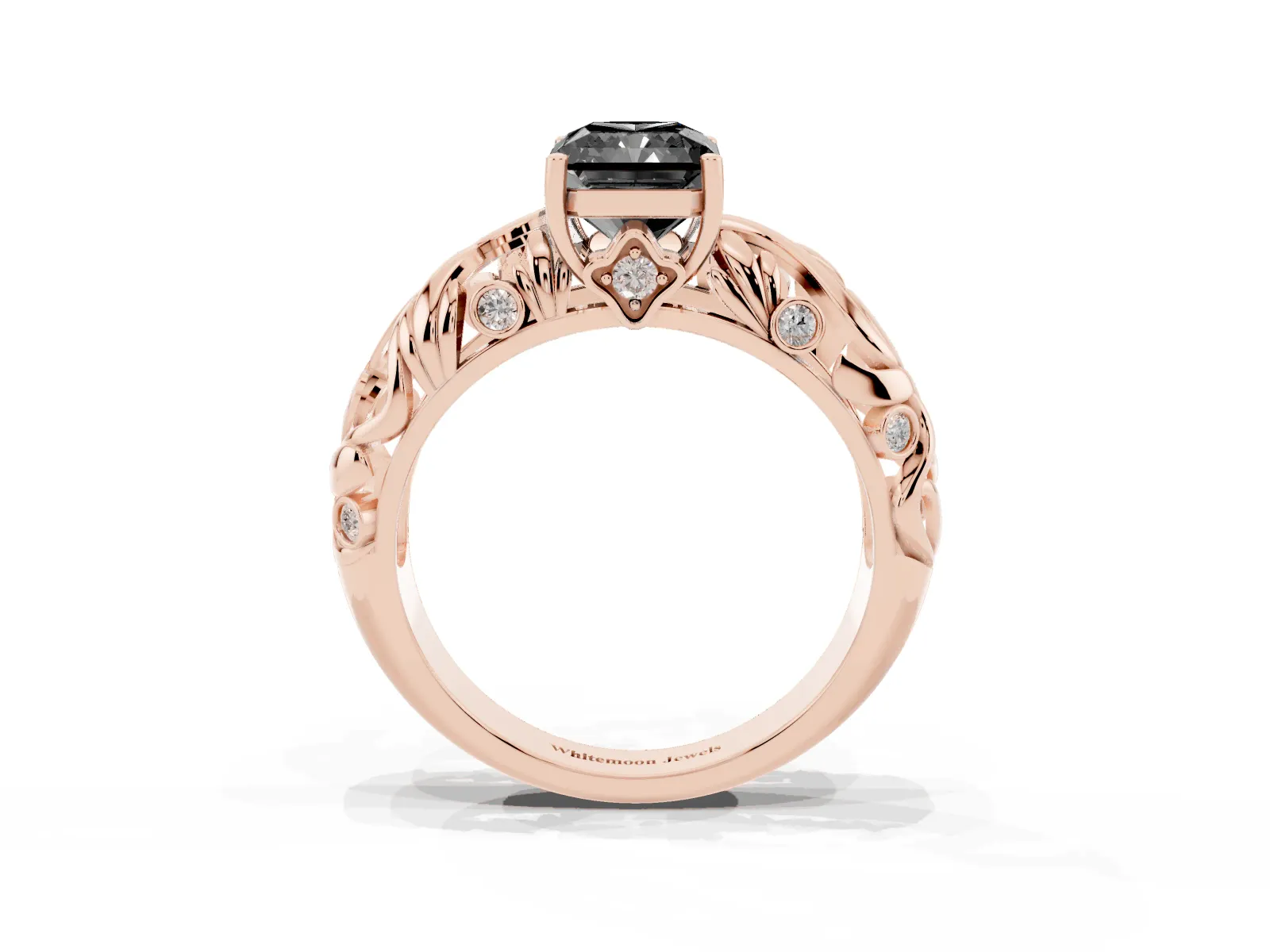Fancy Black Radiant Cut Solitaire Diamond Leaf-Inspired Vine Band Ring with Prong Setting Rose gold
