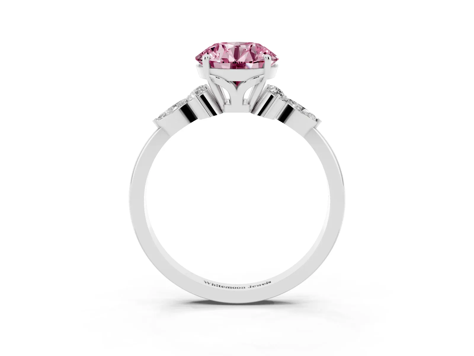 Fancy Pink Round Cut Brilliant Diamond Solitaire Ring with Pear Side Stones and Four-Prong Setting Platinum
