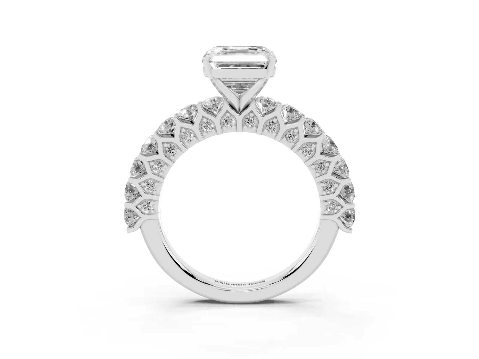 Asscher Cut Diamond Solitaire Ring with Shared Prong Pavé Band and Four-Prong Setting White gold